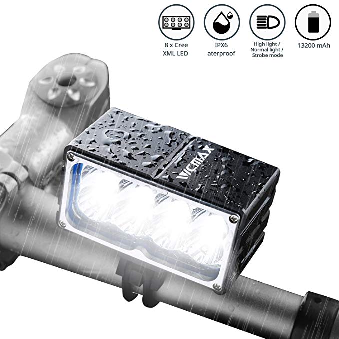 VICMAX Led Bicycle Light A8 7200 Lumens 8Pcs x Cree XM-L2 U2, 6x2200mAh Battery(Samsung 18650 Lithium Battery) with Waterproof Box IPX-6 Water proofing