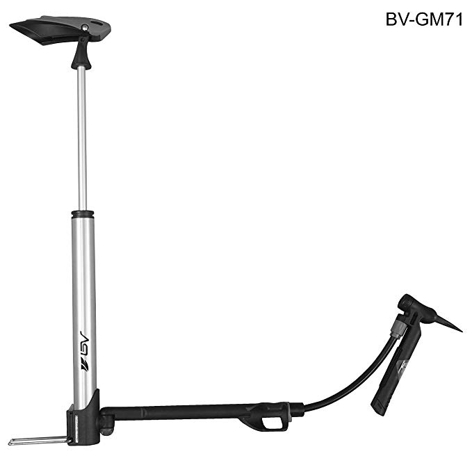 BV Bike Micro Floor Pump, In-line Gauge, Reversible Presta Schrader, Long Hose, Frame Mount (Silver or Carbon Color)