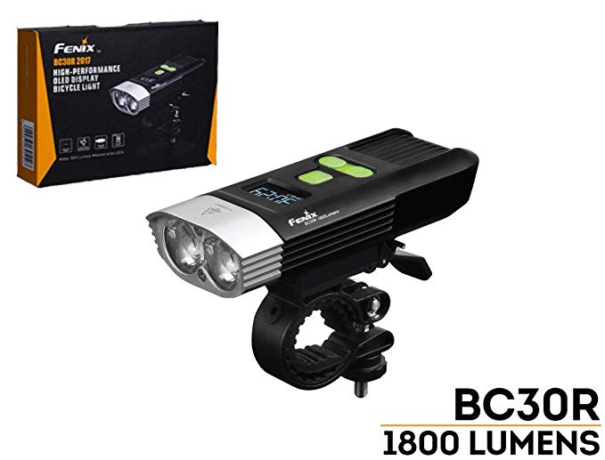 Fenix BC30R 2017 edition 1800 Lumens LED bike light, OLED display screen for the rest runtime and battery percentage, 5200mAh rechargeable battery, USB charging cord and LegionArms sticker