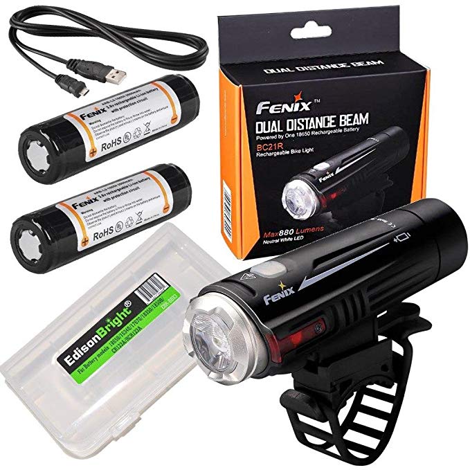 EdisonBright Fenix BC21R 880 lumen Cree LED USB rechargeable Bike Bicycle Light, 2 X rechargeable 18650 batteries with BBX3 battery carry case bundle